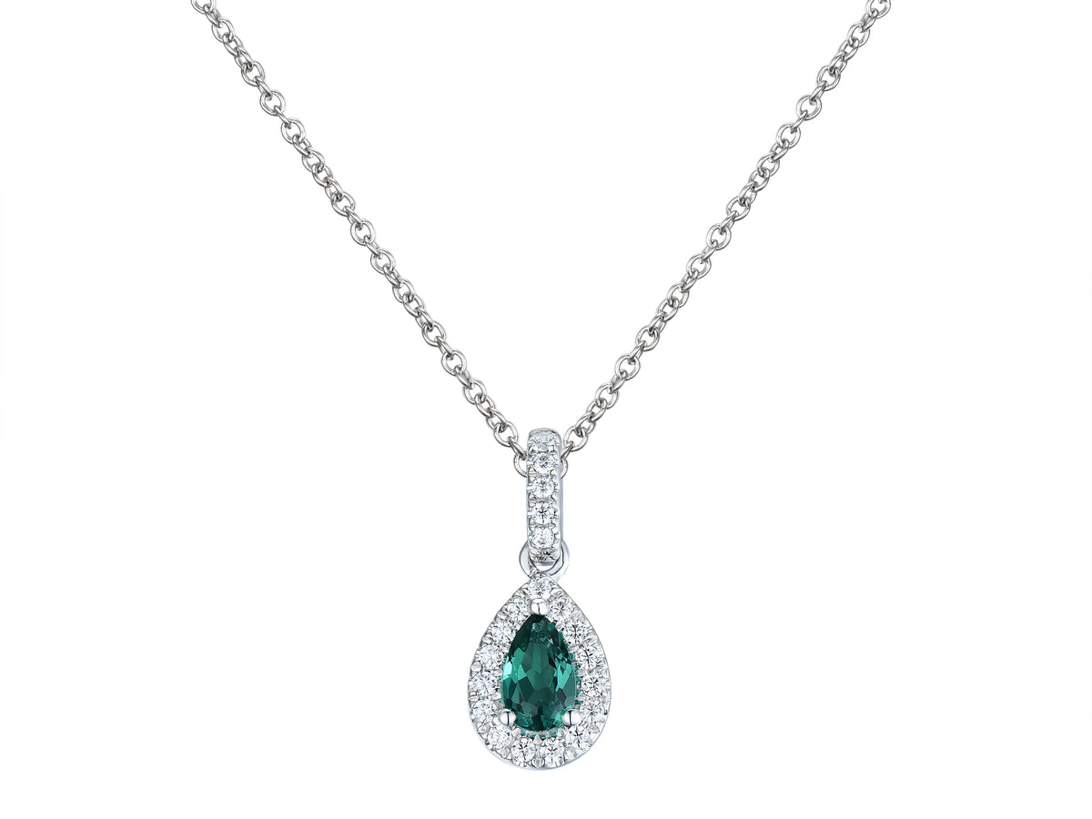 Emerald & Diamond Pear Halo 18ct White Gold Pendant