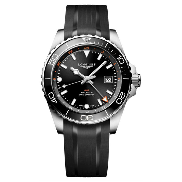 Longines HydroConquest GMT Black 43mm Rubber Strap Watch L3.890.4.56.9
