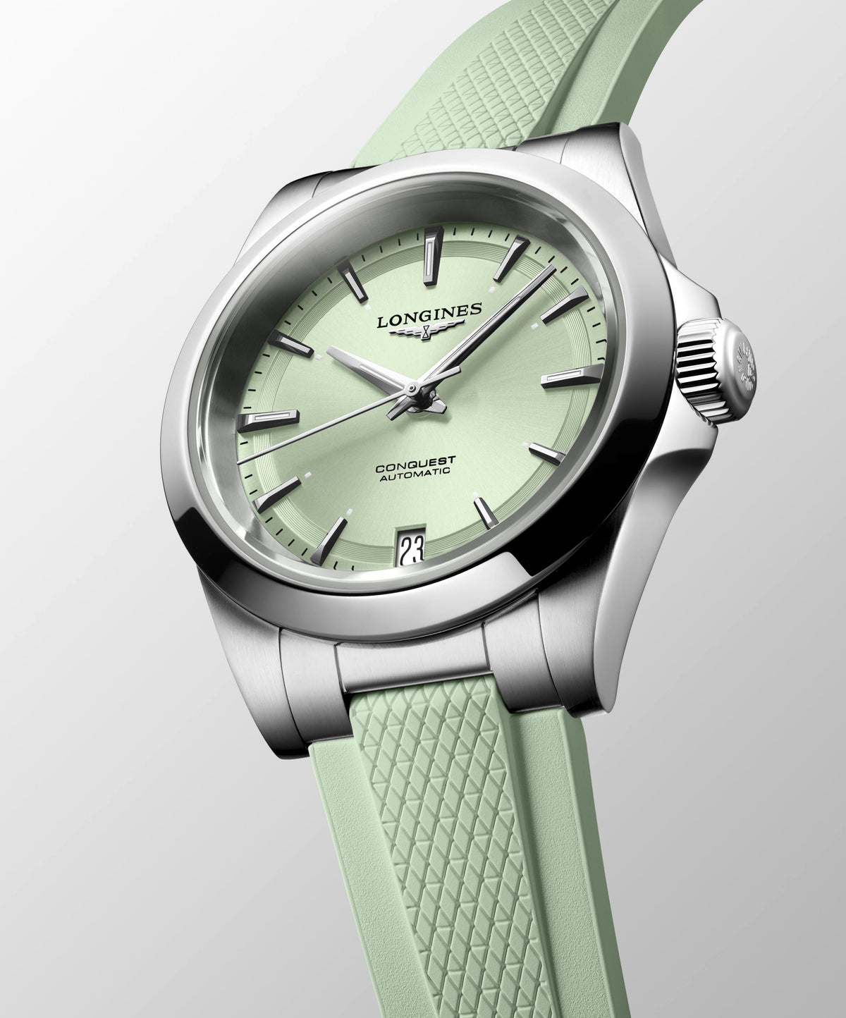 Longines Conquest Automatic Mint Green Rubber Strap 34mm Watch L3.430.4.02.9