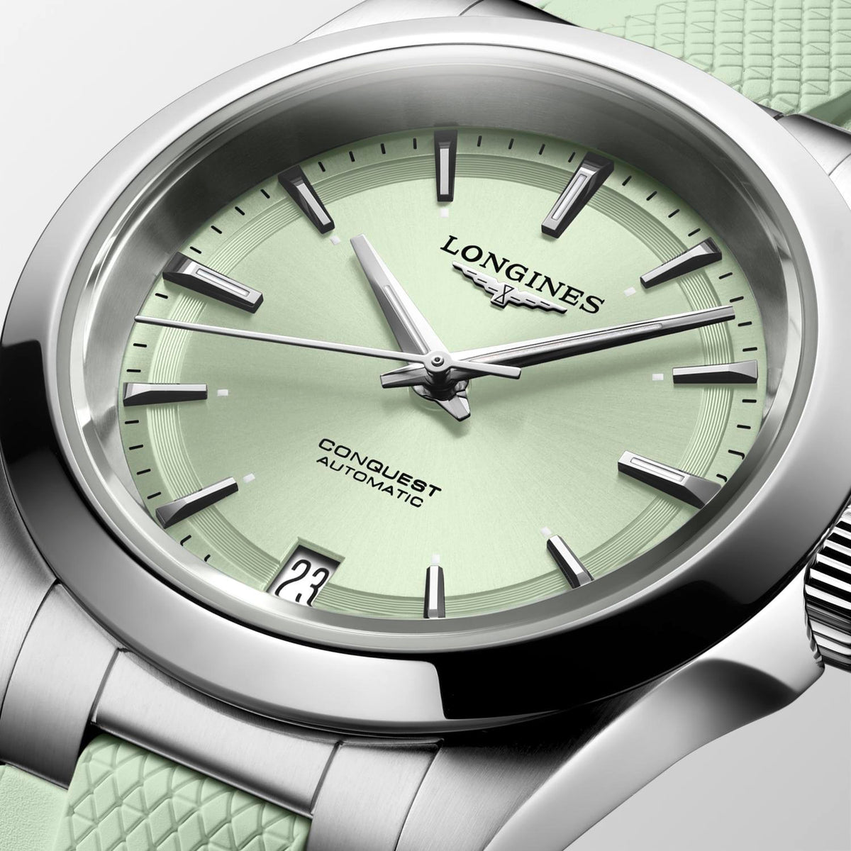Longines Conquest Automatic Mint Green Rubber Strap 34mm Watch L3.430.4.02.9