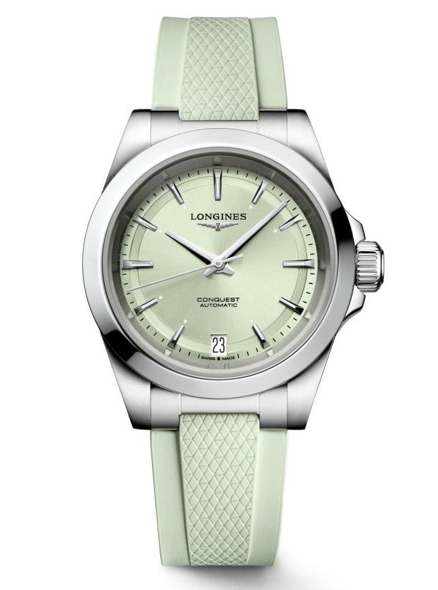 Longines Conquest Automatic Mint Green Rubber Strap 34mm Watch L3.430.4.02.9
