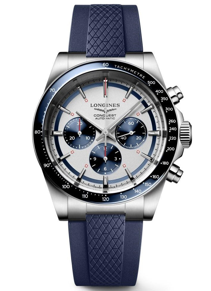 Longines Conquest Automatic Chronograph Silver & Blue Rubber Strap 42mm Watch L3.835.4.98.9