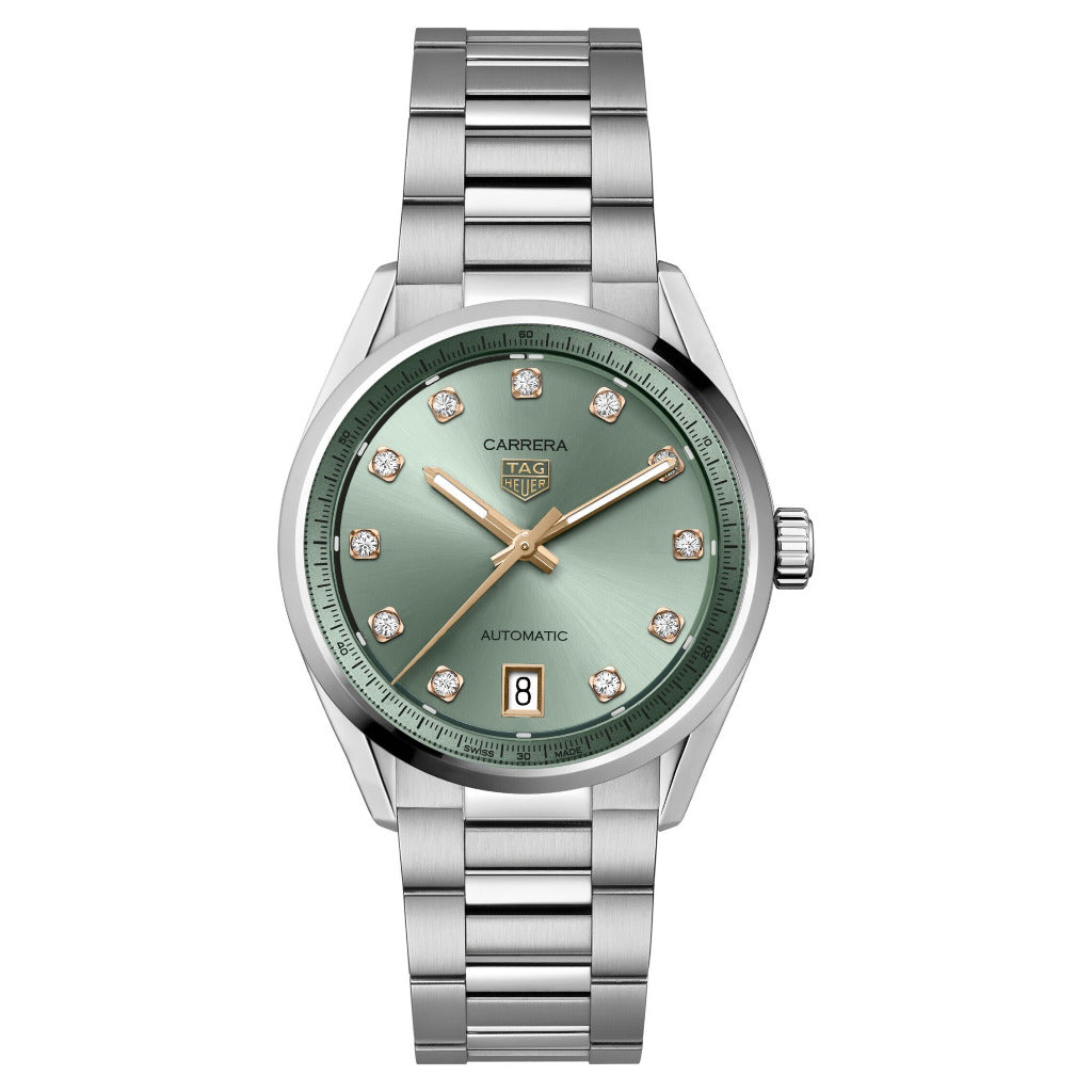 Tag Heuer Carrera Date Automatic Lime Green Diamond Dial 36mm Watch WBN2317.BA0001