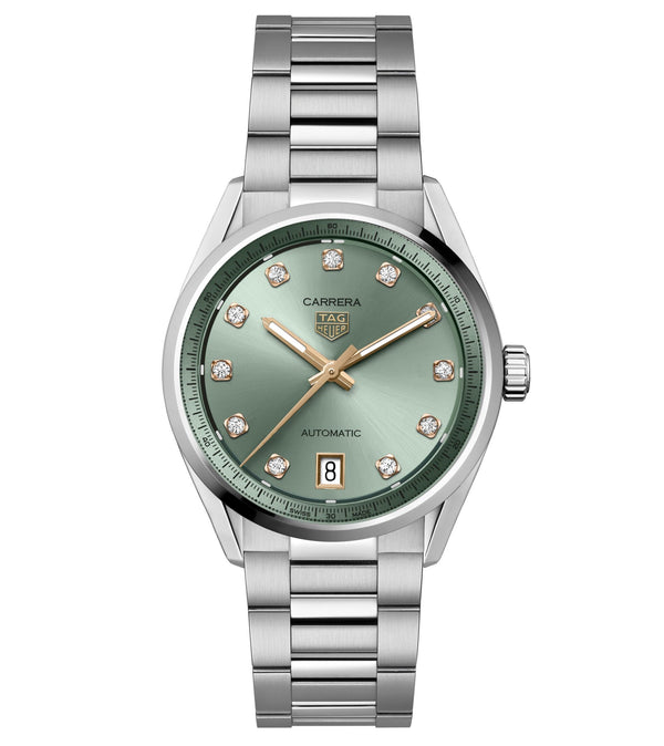 Tag Heuer Carrera Date Automatic Lime Green Diamond Dial 36mm Watch WBN2317.BA0001