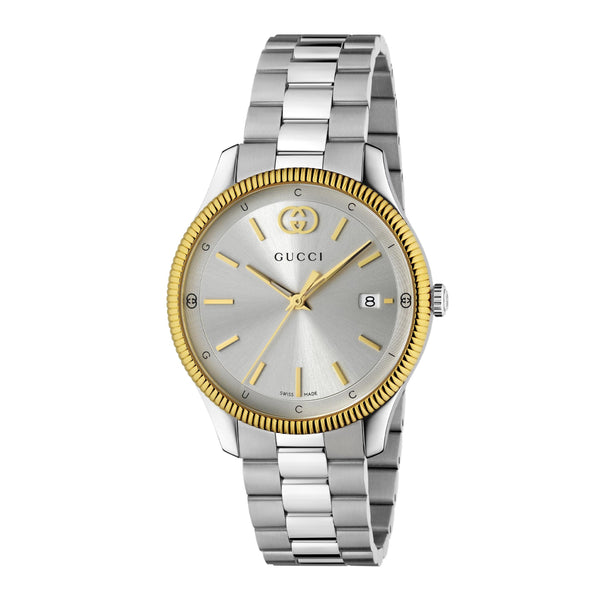 GUCCI G-Timeless Silver Dial, Gold Plated Bezel 38mm Watch YA1264233