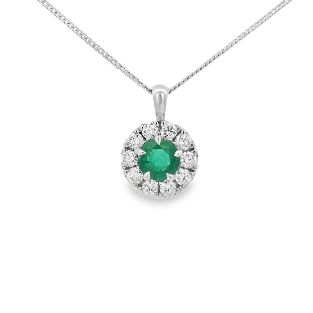 Emerald and Diamond 18ct White Gold Cluster Pendant