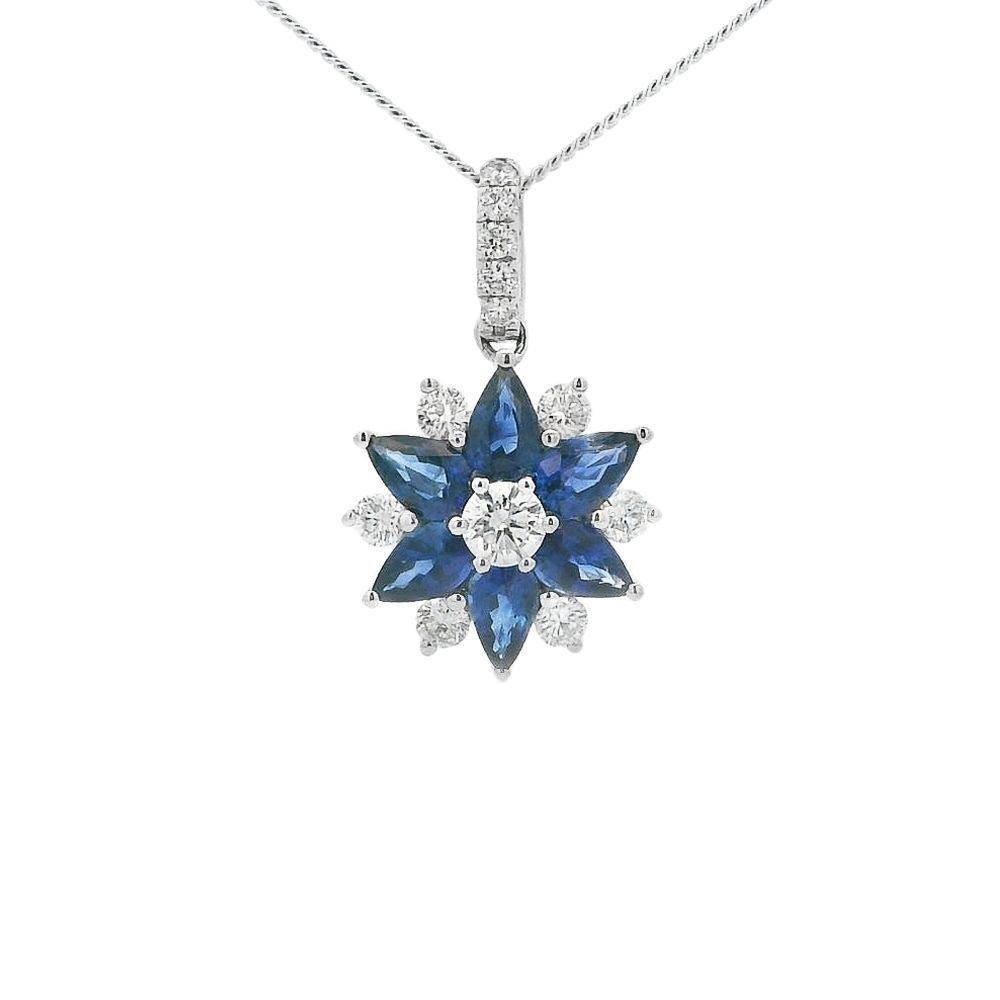 Sapphire and Diamond Flower Cluster 18ct White Gold Pendant