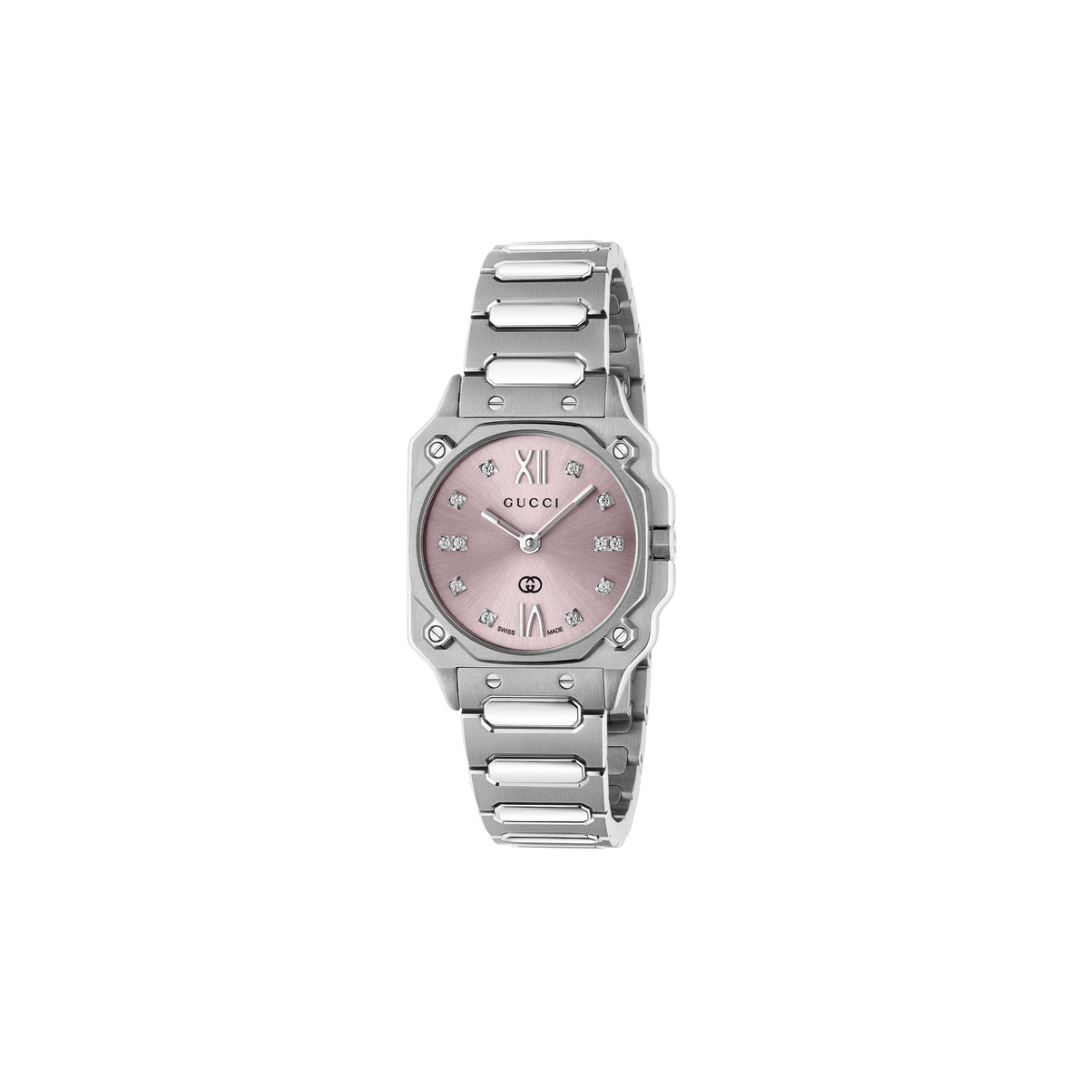 Gucci G-Flat Stainless Steel 24mm Pink Diamond Watch YA166501