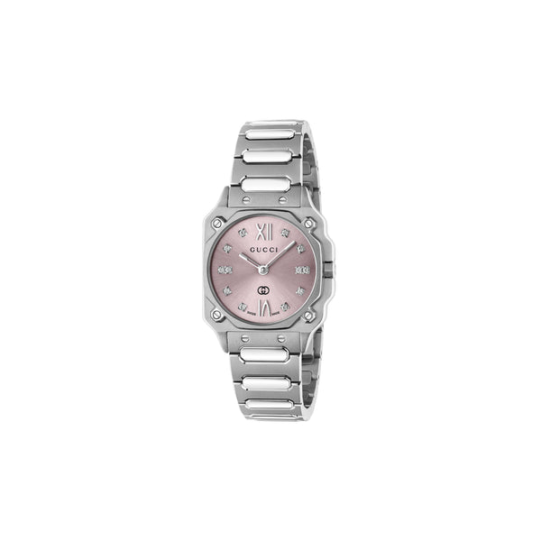 Gucci G-Flat Stainless Steel 24mm Pink Diamond Watch YA166501