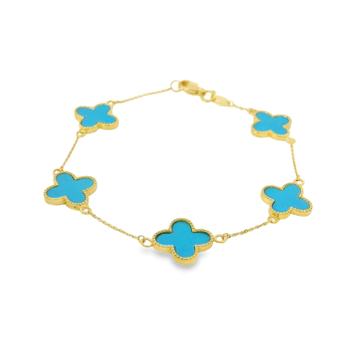 Turquoise Large Clover 9ct Yellow Gold Bracelet