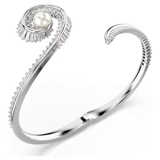 Swarovski Ariana Grande x Swarovski bangle, Crystal pearl, Baguette cut, White, Rhodium plated