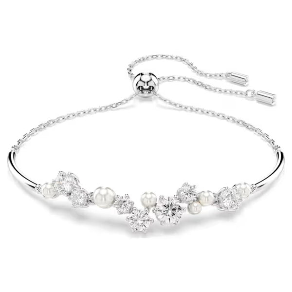 Swarovski Constella bangle, Crystal pearl, Round cuts, White, Rhodium plated