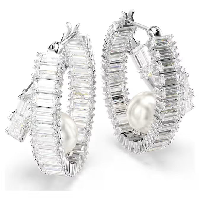 Swarovski Ariana Grande x Swarovski hoop earrings, Crystal pearl, Baguette cut, White, Rhodium plated