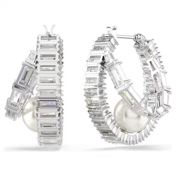 Swarovski Ariana Grande x Swarovski hoop earrings, Crystal pearl, Baguette cut, White, Rhodium plated