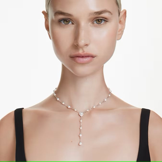 Swarovski Ariana Grande x Swarovski Y necklace, Crystal pearl, Mixed cuts, Heart, White, Rhodium plated