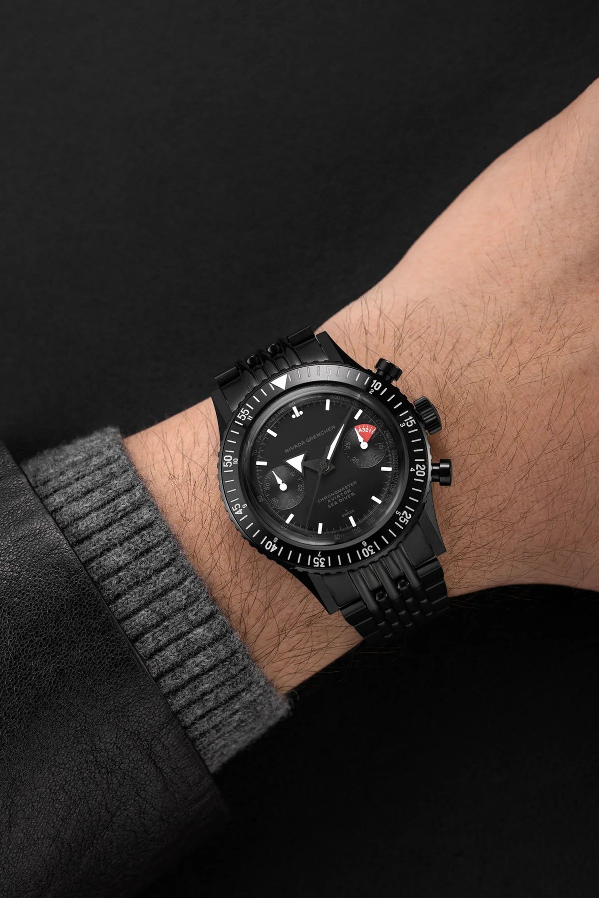 Nivada Grenchen Chronomaster 38mm Full Black Bracelet Watch 85015A19