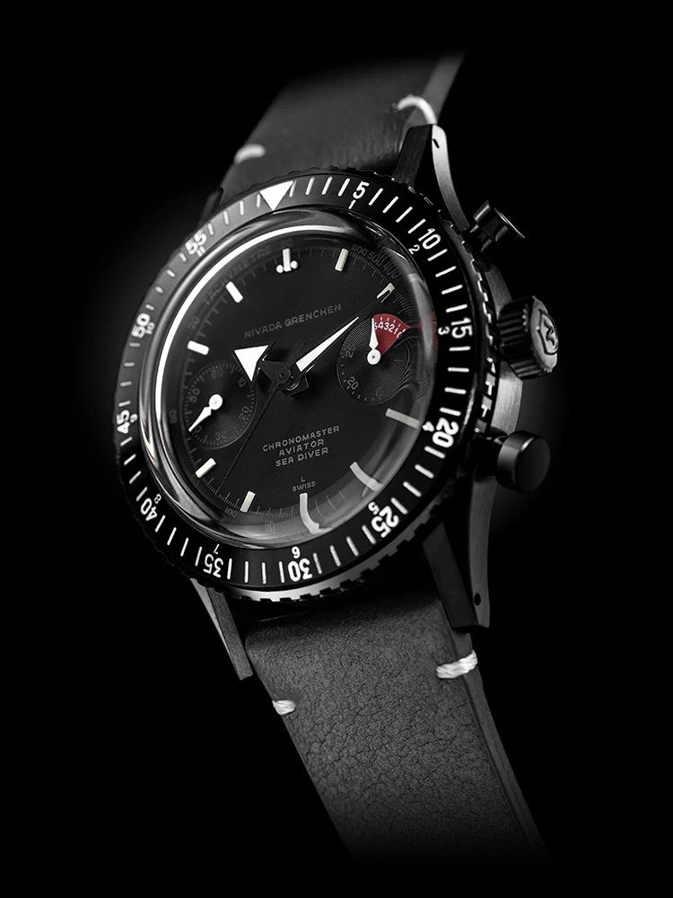 Nivada Grenchen Chronomaster 38mm Full Black Leather Strap Watch 85015A15