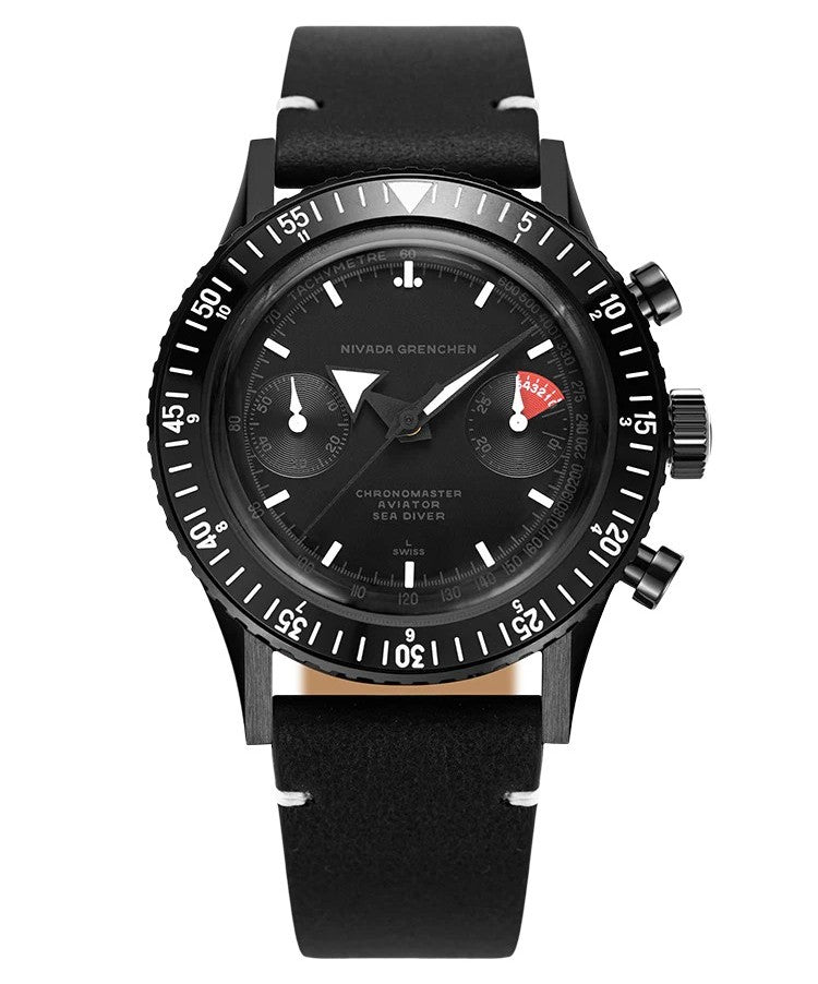Nivada Grenchen Chronomaster 38mm Full Black Leather Strap Watch 85015A15