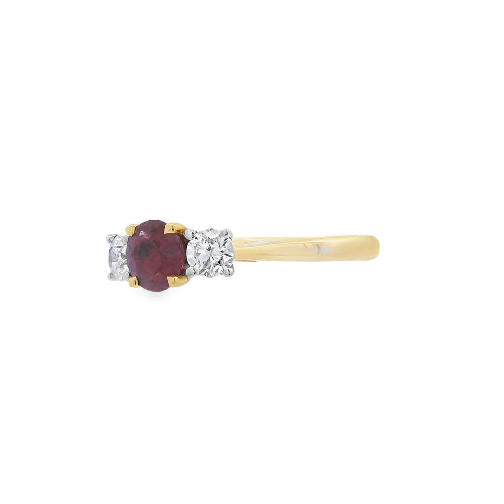Ruby and Diamond 3 Stone, 18ct Yellow Gold Ring