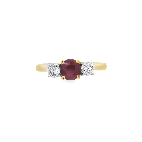 Ruby and Diamond 3 Stone, 18ct Yellow Gold Ring