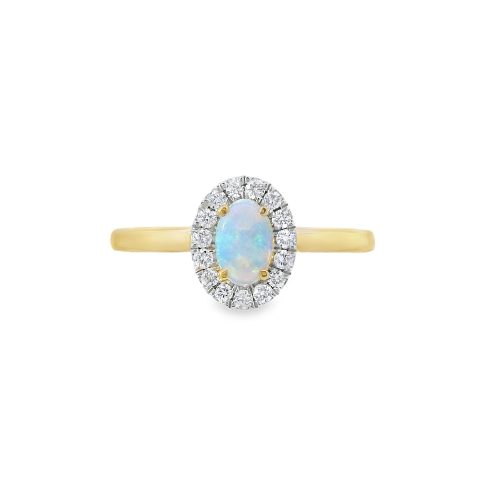Opal and Diamond Oval Halo, 18ct Yellow Gold Ring