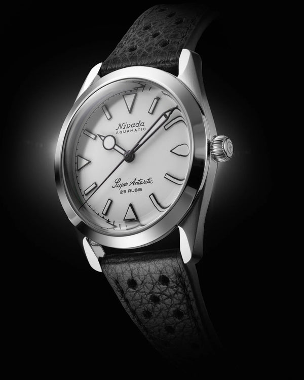 Nivada Grenchen Super Antarctic White, White Luminova, Black Racing Strap 38mm Watch 32065A10