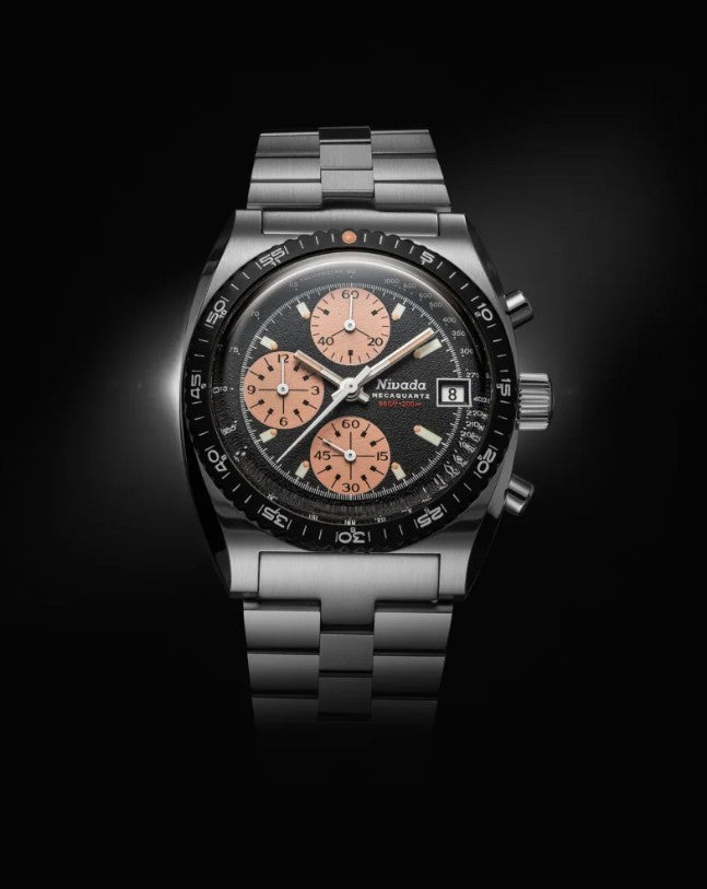 Nivada Grenchen Chronosport Mecaquartz Steel Salmon Bracelet 38mm Watch 77002Q45