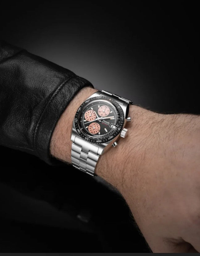Nivada Grenchen Chronosport Mecaquartz Steel Salmon Bracelet 38mm Watch 77002Q45