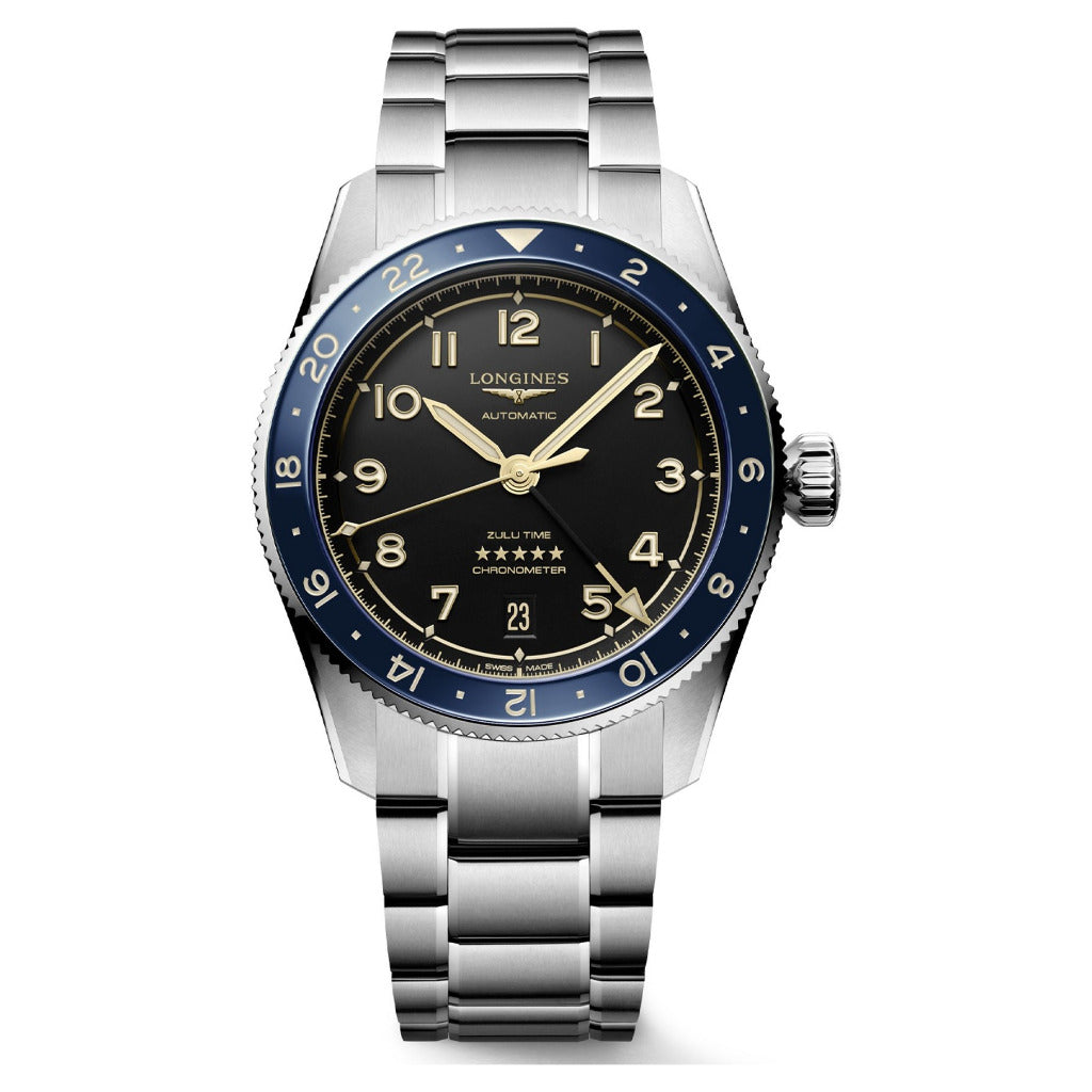 Longines Spirit Zulu Time Steel Blue Bezel 39mm Watch L3.802.4.60.6