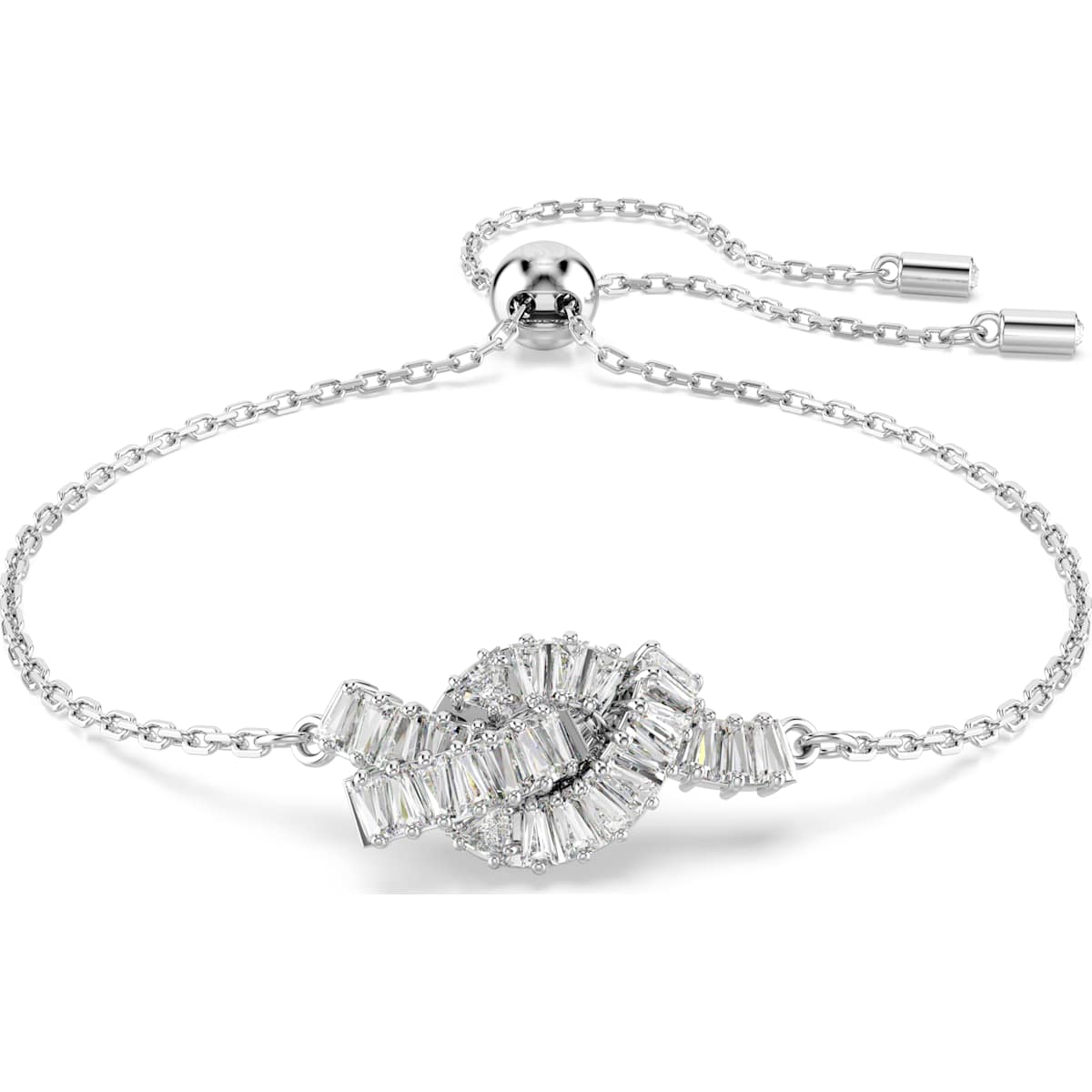 Swarovski Matrix bracelet, Baguette cut, Knot, White, Rhodium plated