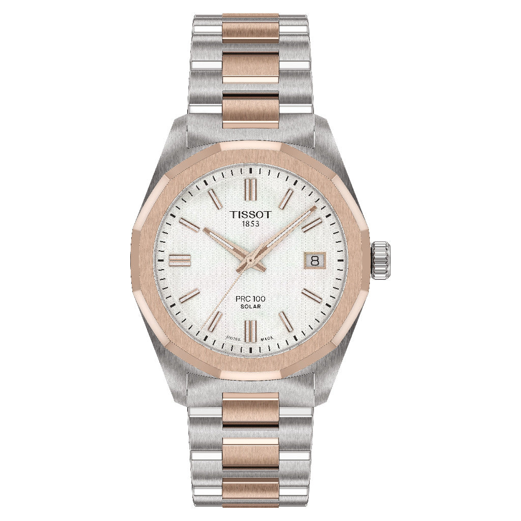Tissot PRC 100 Solar 34mm Two Tone MOP Watch T1518222211100