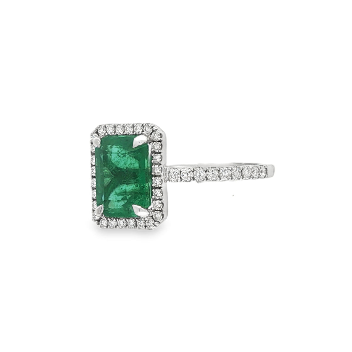 Emerald and Diamond Halo Cluster, Diamond Shoulder Platinum Ring