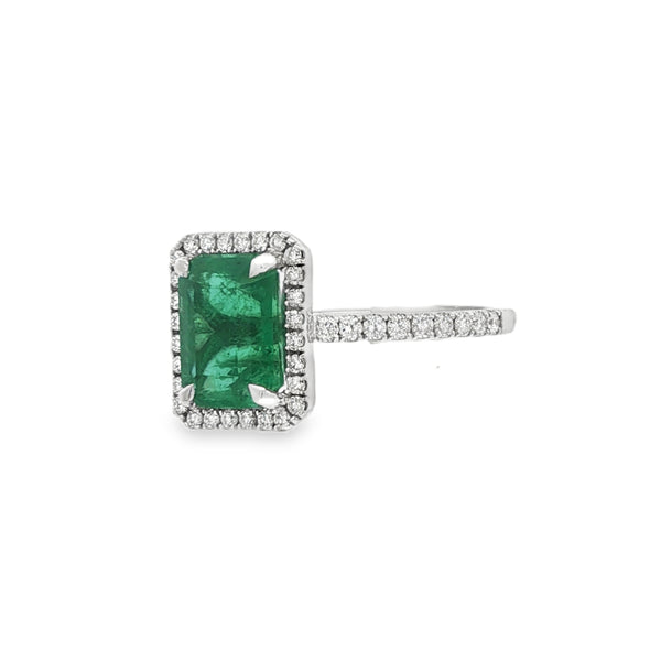 Emerald and Diamond Halo Cluster, Diamond Shoulder Platinum Ring