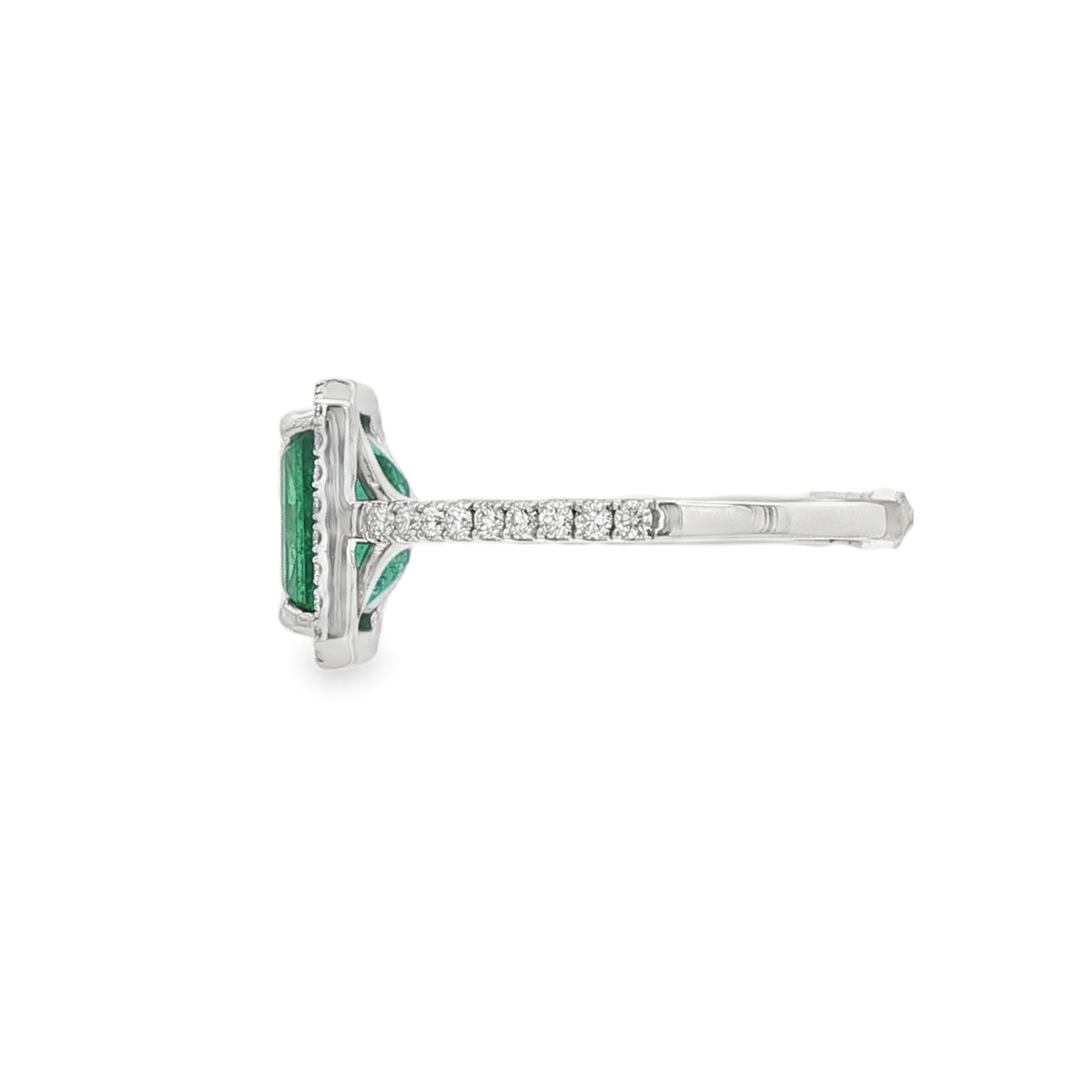 Emerald and Diamond Halo Cluster, Diamond Shoulder Platinum Ring