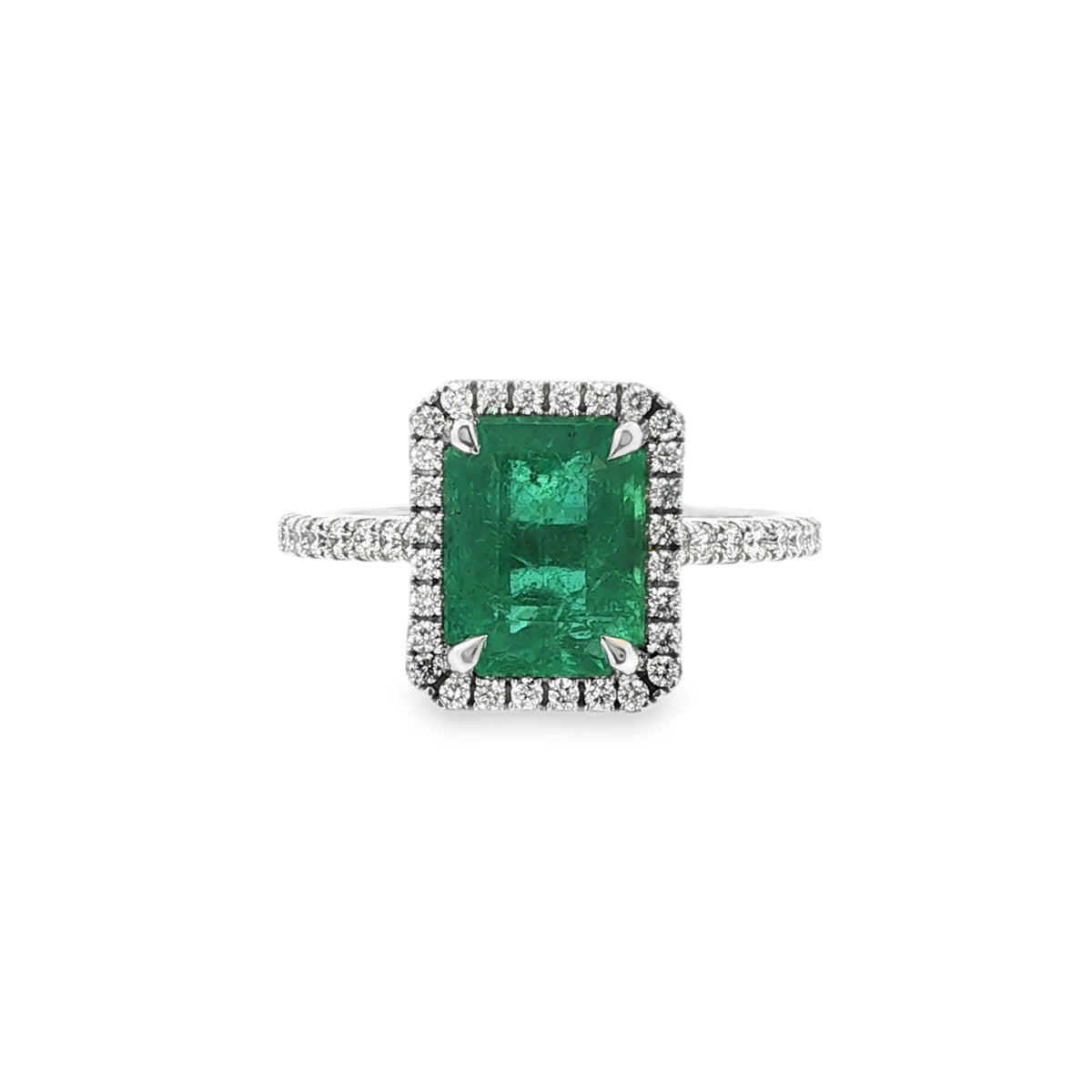 Emerald and Diamond Halo Cluster, Diamond Shoulder Platinum Ring