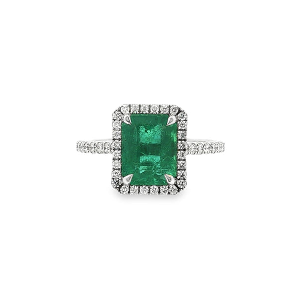 Emerald and Diamond Halo Cluster, Diamond Shoulder Platinum Ring