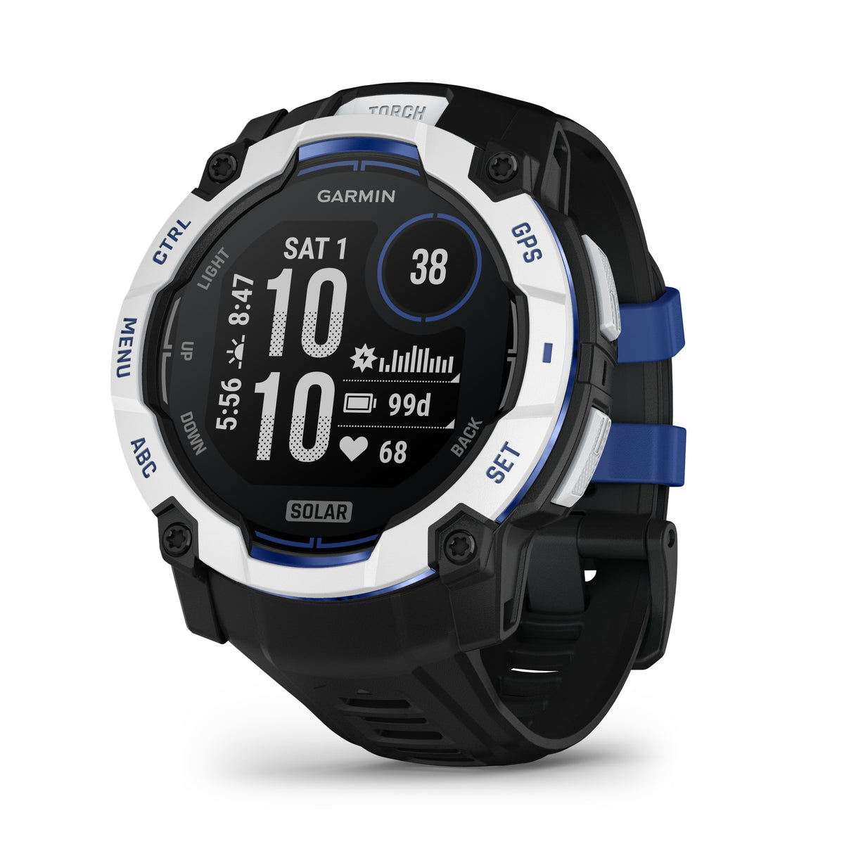 Garmin Instinct 3 - 50mm, Solar, Whitestone with Black/Bolt Blue Band 010-02935-03