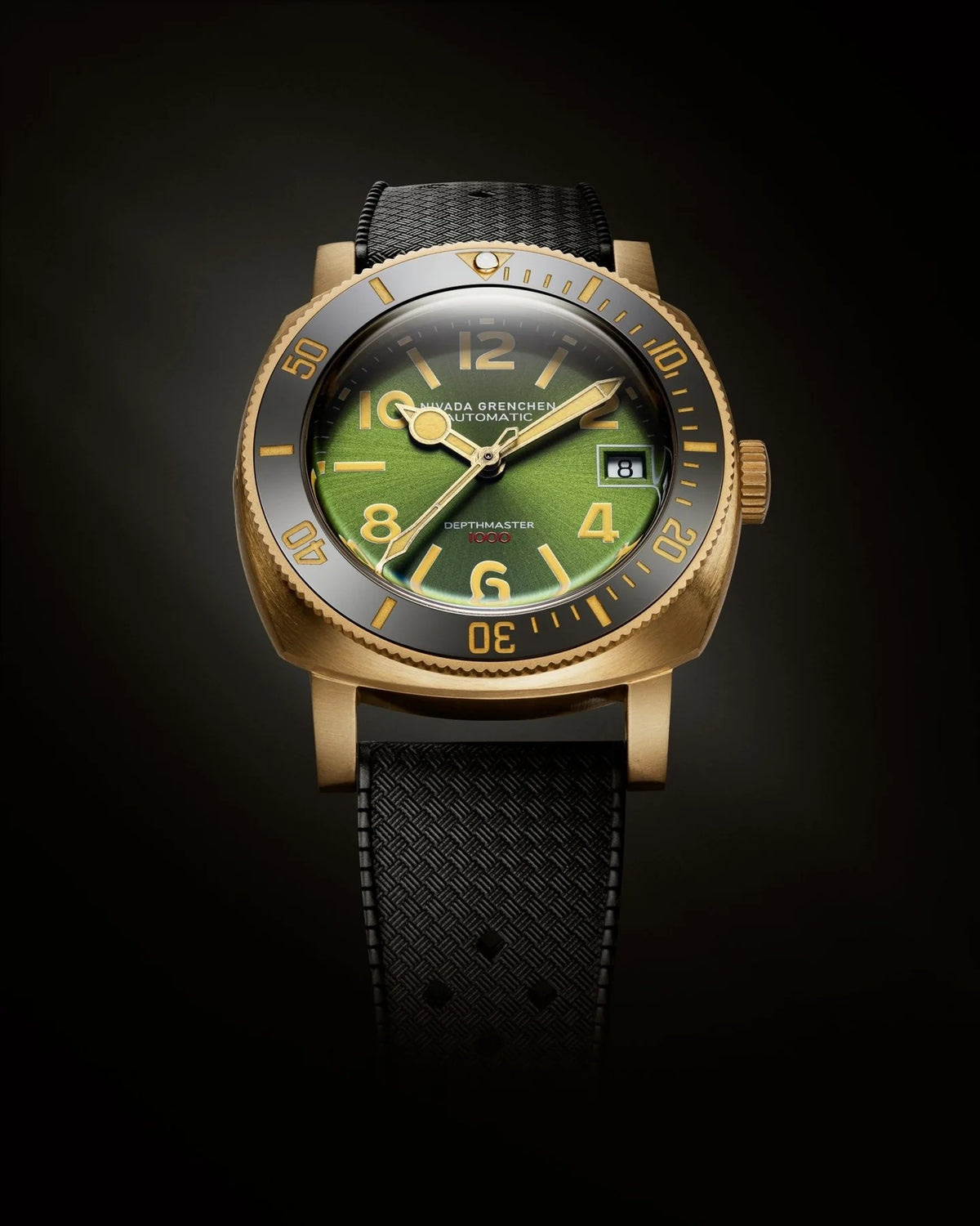 Nivada Grenchen Depthmaster Bronze Green Ruber Strap 39mm Watch 14132A01