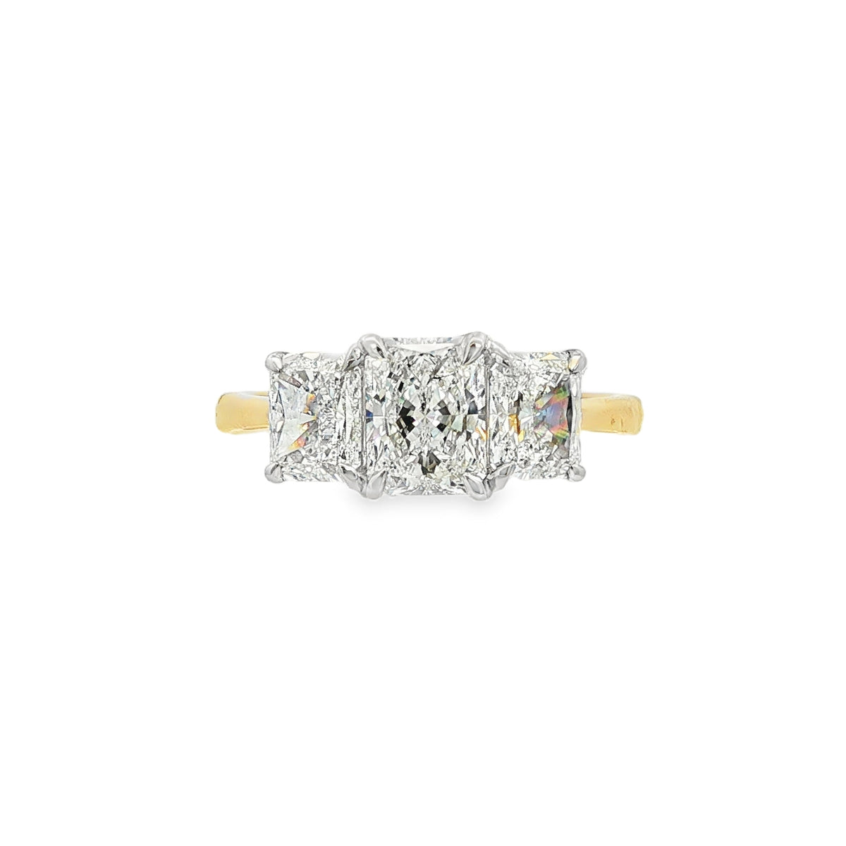 Diamond 3 Stone 2.40ct Radiant Cut 18ct Yellow Gold & Platinum Ring