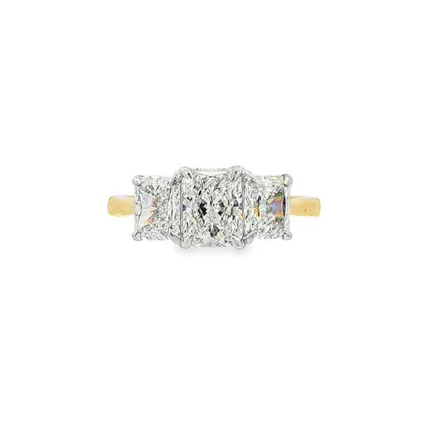 Diamond 3 Stone 2.40ct Radiant Cut 18ct Yellow Gold & Platinum Ring