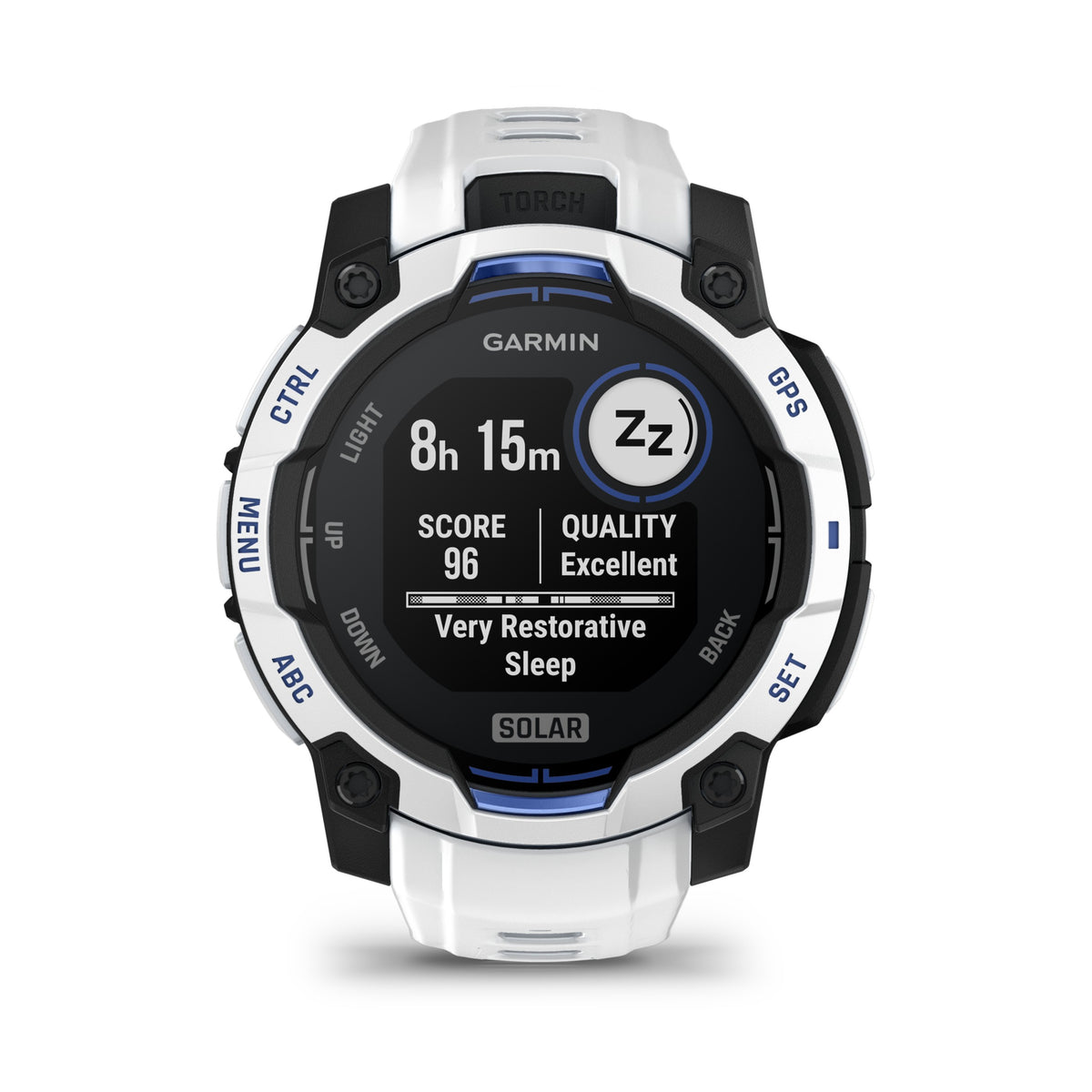 Garmin Instinct 3 - 45mm, Solar, Whitestone with Whitestone/Bolt Blue Band 010-02934-03