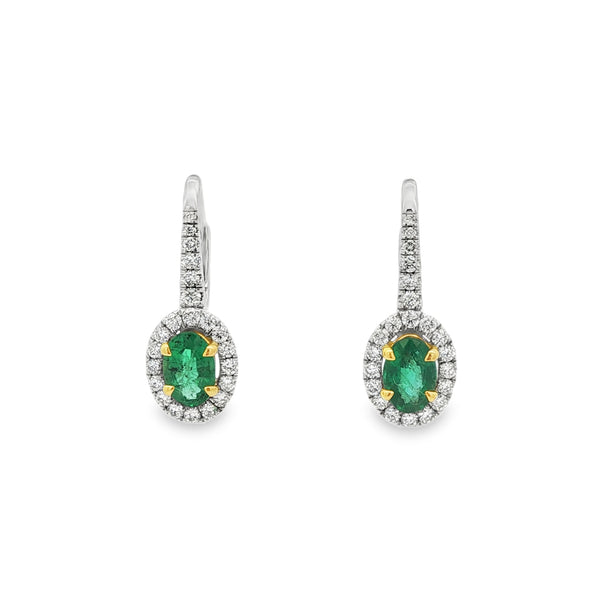 Emerald & Diamond Oval Platinum & 18ct Yellow Gold Drop Earrings