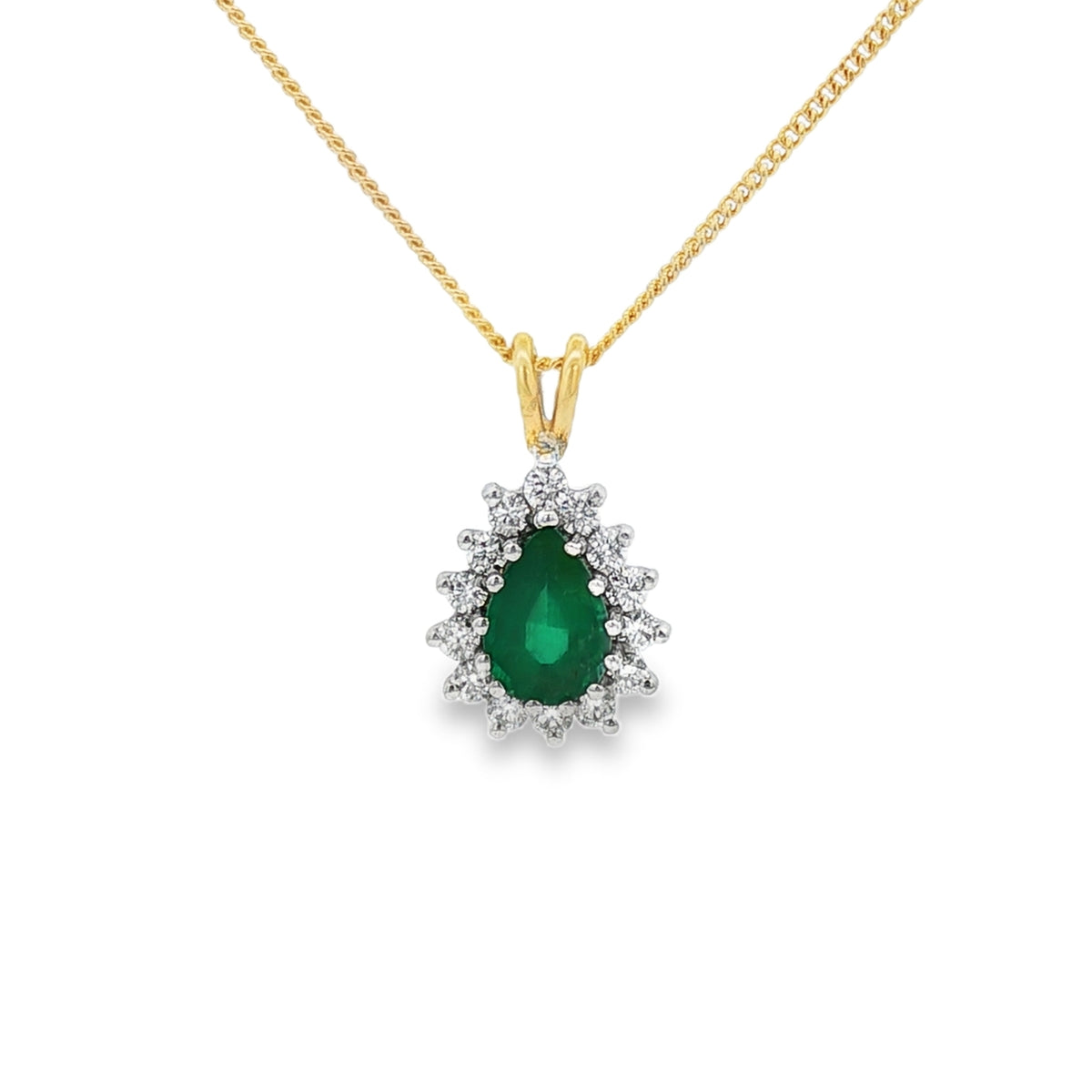Emerald & Diamond 18ct Yellow Gold Pear Shape Cluster Pendant