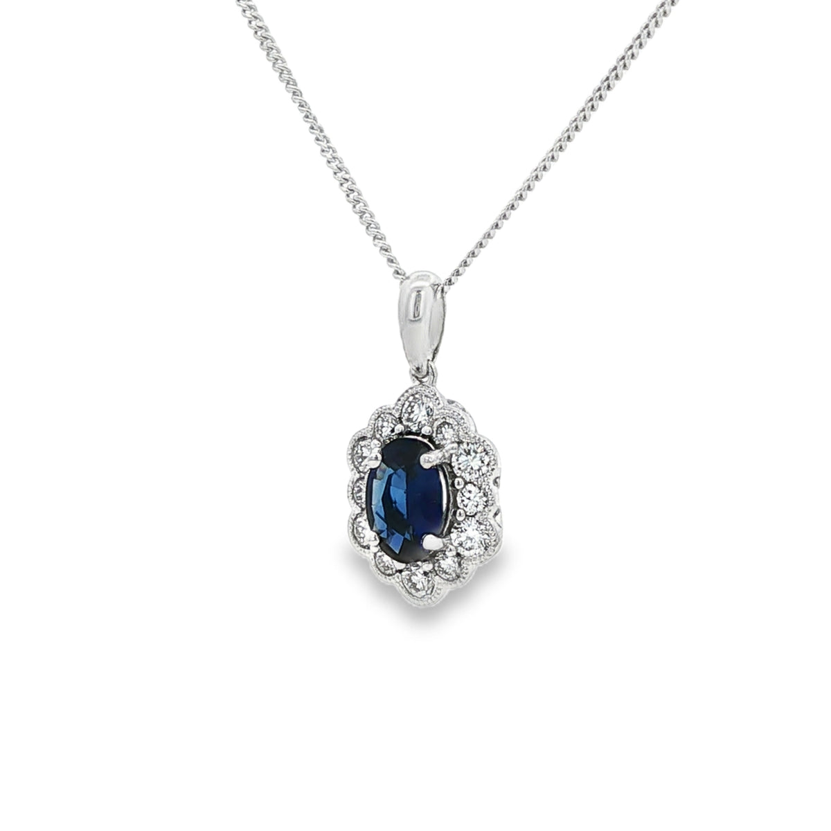 Sapphire & Diamond 18ct White Gold Millgrain Oval Cut Pendant