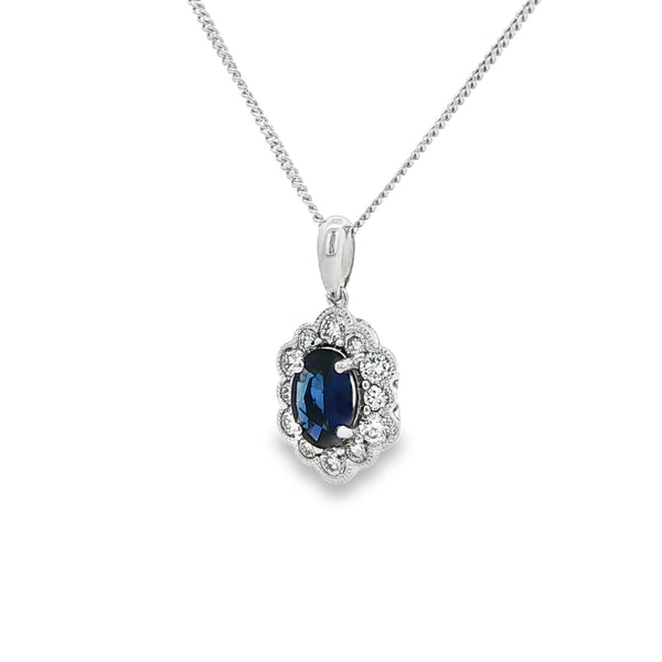 Sapphire & Diamond 18ct White Gold Millgrain Oval Cut Pendant