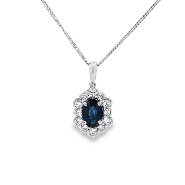 Sapphire & Diamond 18ct White Gold Millgrain Oval Cut Pendant