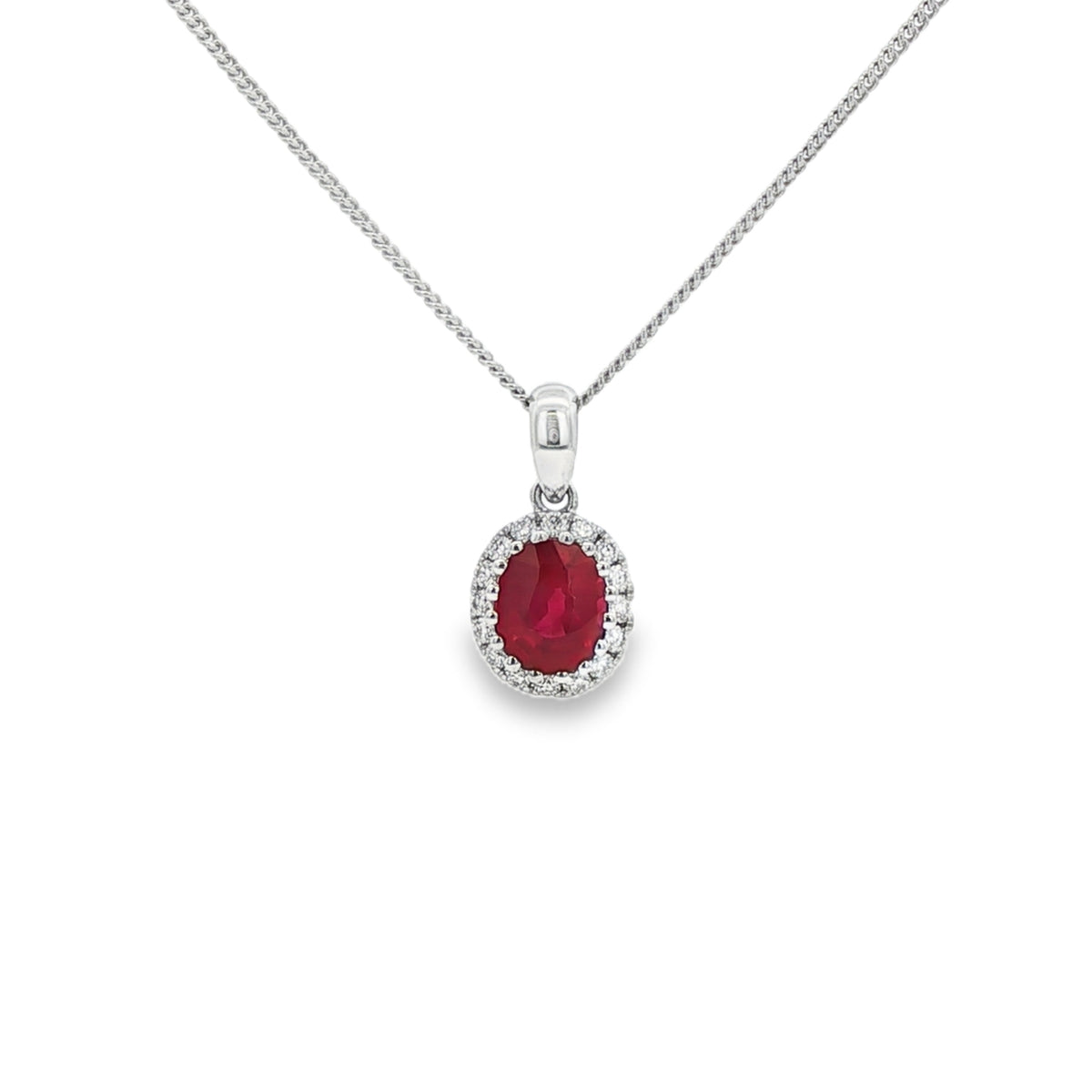 Ruby & Diamond 18ct White Gold Halo Pendant