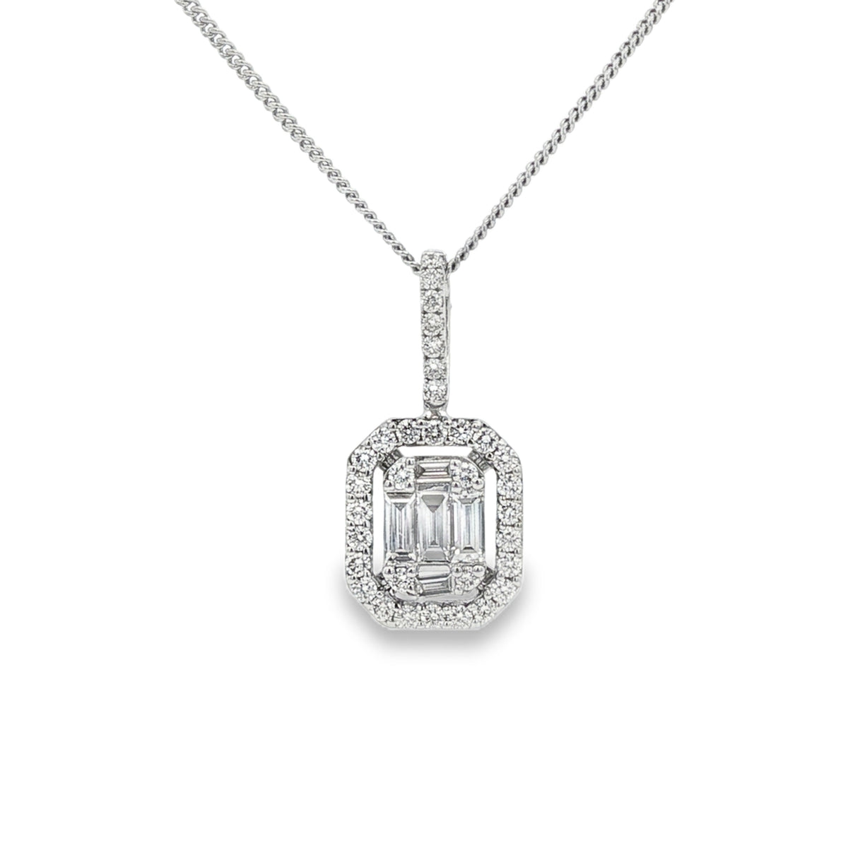 Diamond Baguette & Brilliant Cut 18ct White Gold Cluster Pendant
