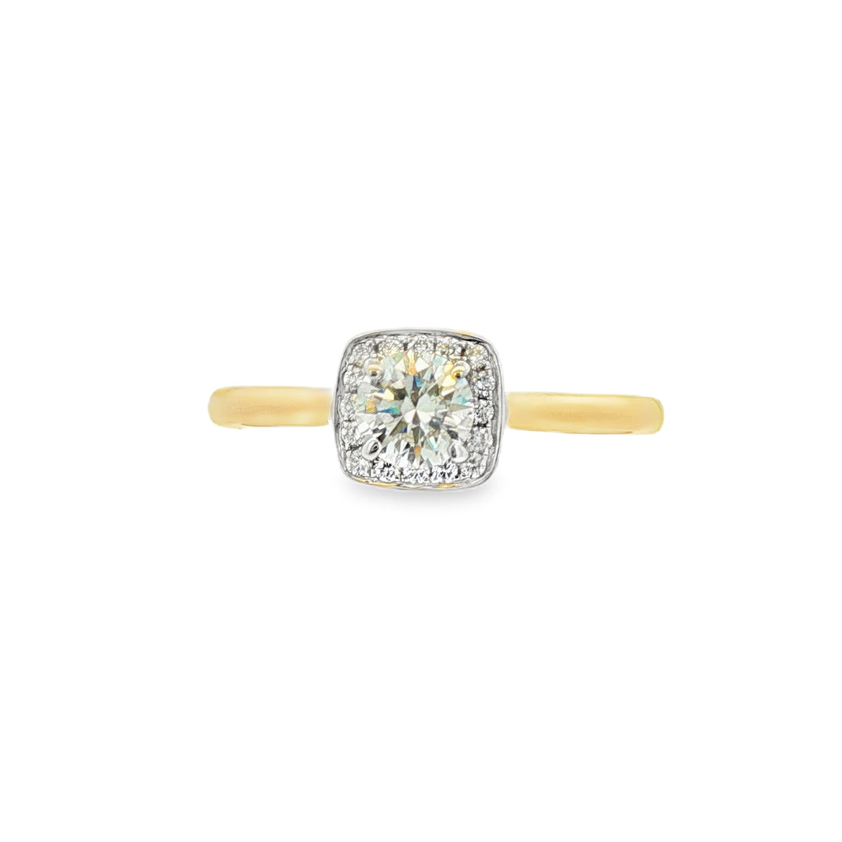 18ct Yellow & White Gold Round Brilliant Cut 0.52ct Cushion Halo Ring