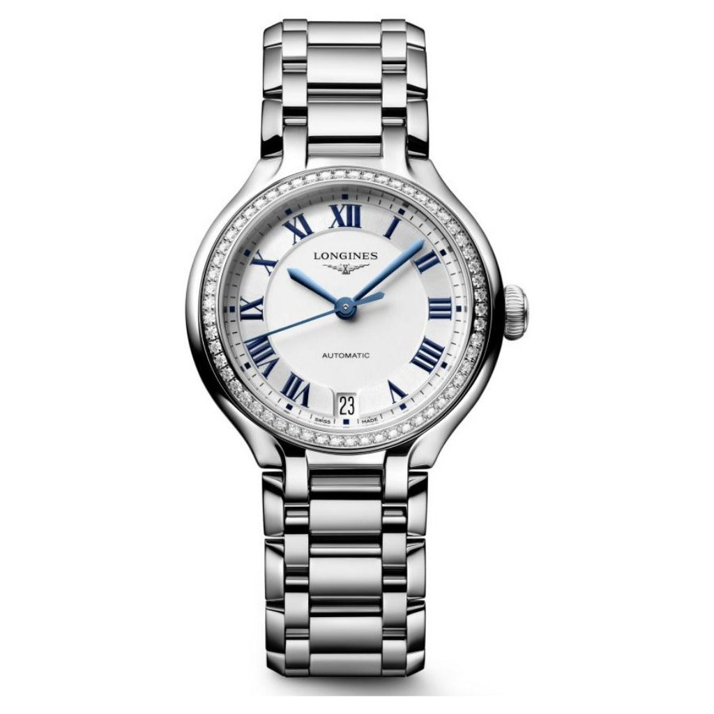 Longines Primaluna Steel 34mm Silver Dial Diamond Bezel Watch L8.124.0.71.6